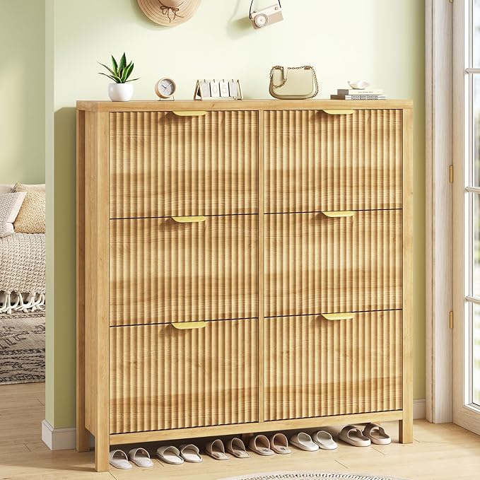 YOMILUVE 47.3" Shoe Cabinet Storage for Entryway, Fluted Shoe Cabinet with 6 Flip Drawers, Slim Shoe Rack Freestanding Wooden Shoe Organizer with Legs for Hallway, Oak by YomiluveDesign