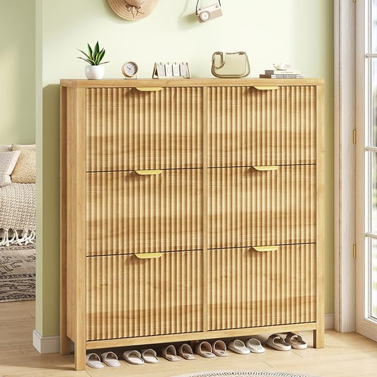 YOMILUVE 47.3" Shoe Cabinet Storage for Entryway, Fluted Shoe Cabinet with 6 Flip Drawers, Slim Shoe Rack Freestanding Wooden Shoe Organizer with Legs for Hallway, Oak by YomiluveDesign