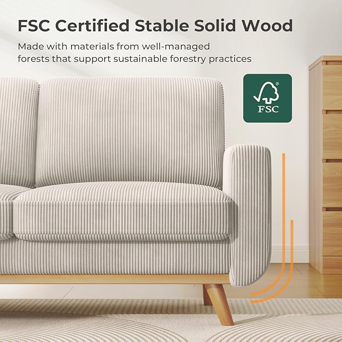 68" Light Gray Corduroy Loveseat Sofa, Comfy Deep Seat Couch with Spring Cushion & Solid Wood Frame, Modern 2-Seater Sofa for Living Room Bedroom Office