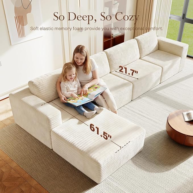 Vesgantti 159" Large Modular Sectional Sofa, L-Shaped Corduroy Cloud Couch with Deep Seats & Spring Support, 4-Seater Boneless Sofa with Movable Ottoman, No Assembly Needed, Beige