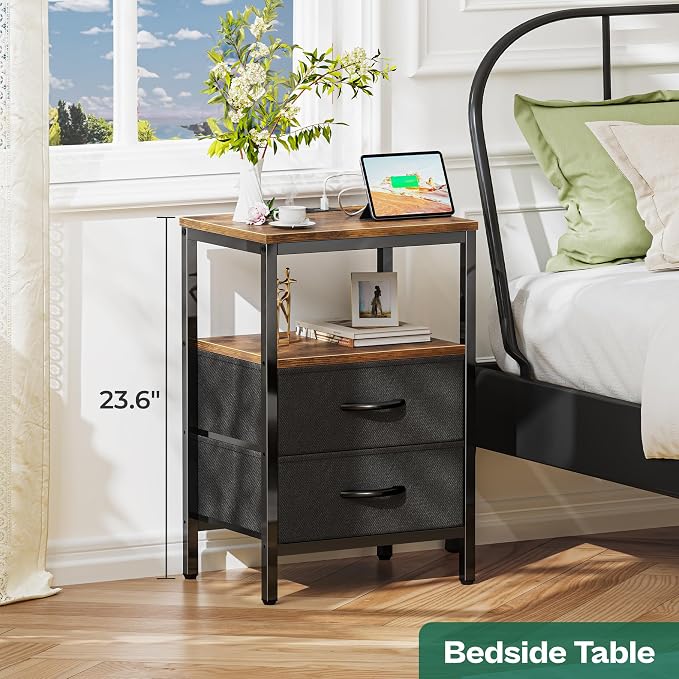 Huuger Nightstand with Charging Station, Side Table with Fabric Drawers, End Table with Open Shelf, Bedside Table with USB Ports and Outlets, Night Stand for Bedroom, Rustic Brown and Black - Image 4