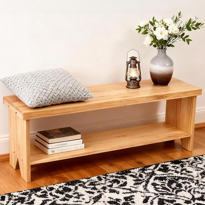43" Solid Wood Farmhouse Bench, Entryway Bench with Storage Shelf, Narrow Rustic Indoor Bench for Bedroom, Entryway, Hallway, Dining by Unknown