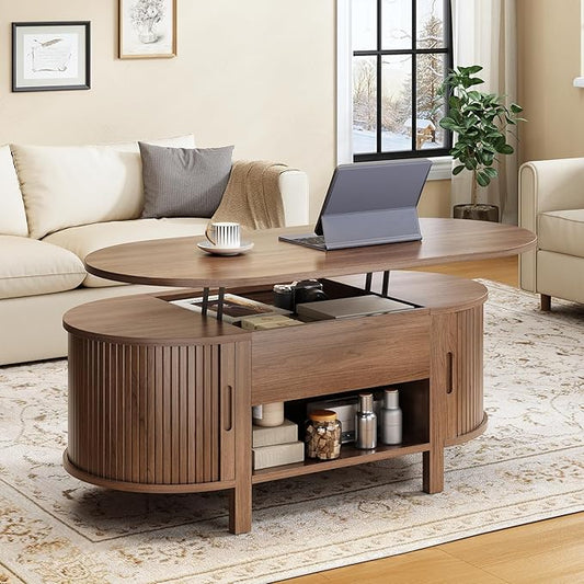 ONBRILL 43.3" Oval Lift Top Coffee Table with Hidden Compartment, Fluted Wood Coffee Table with Sliding Door, Mid-Century Modern Lift Tabletop Dining Table for Living Room, Home Office, Walnut