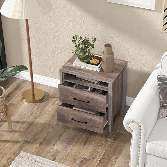 Giantex Farmhouse Nightstand Set of 2, Rustic Wood Bedside Table with 2 Storage Drawers & Open Shelf, Sofa Side Table, Versatile Night Stand for Bedroom, Grey - Image 9