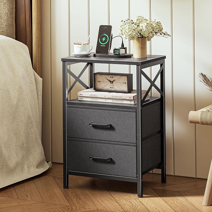 Huuger Night Stand with Charger Station, 2 Drawer Nightstand with Open Shelf, Bed Side Table with USB-C Port, End Table, Compact Size for Small Spaces, X Shaped Side Rail, Black - Image 2