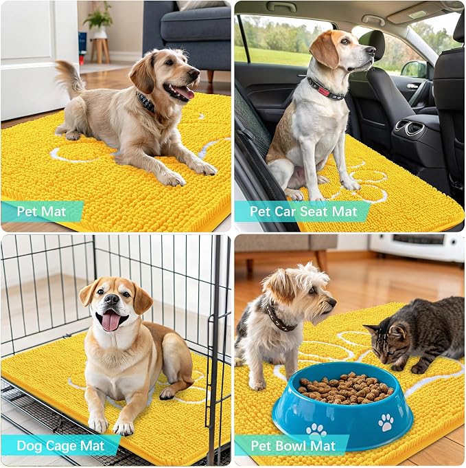 OLANLY Dog Door Mat for Muddy Paws 48x30, Paw Print Design, Absorbs Moisture and Dirt, Absorbent Non-Slip Washable Doormat, Quick Dry Chenille Mud Mat for Dogs, Entry Indoor Entryway Carpet, Yellow - Image 7