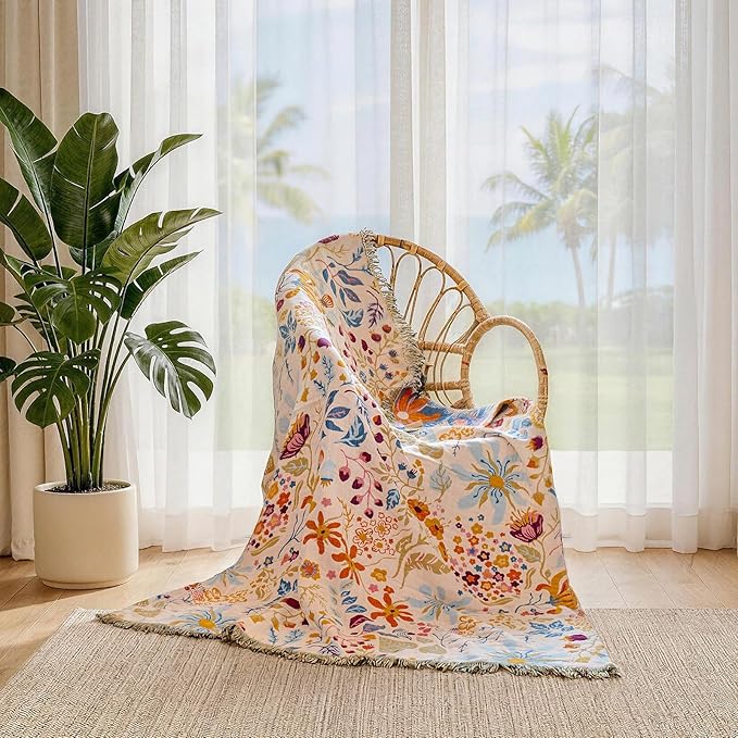 Boho Throw Blanket - 100% Cotton Throw Blankets for Bed Couch, 60"x80" Soft Muslin Lightweight Spring Throw Blanket, Cozy Floral Butterfly Printed Bohemain Bedding Decor Beige Throw Quilt