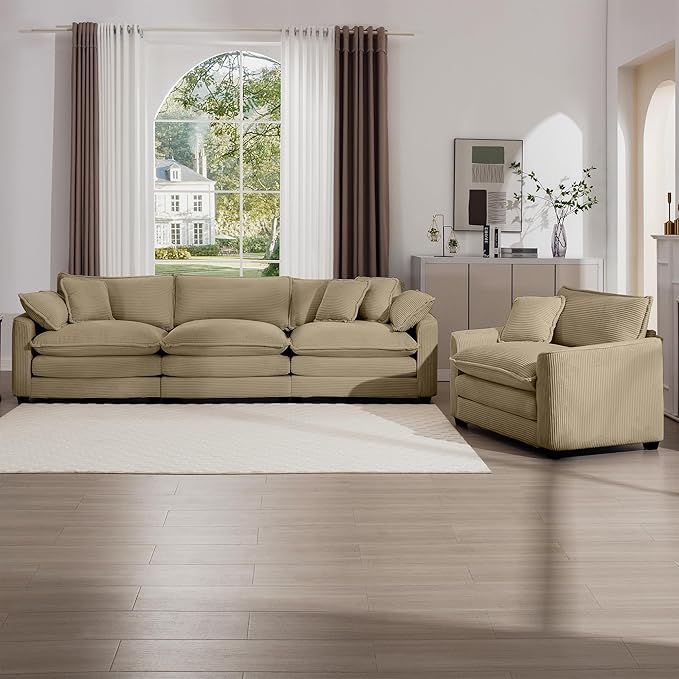 KEIKI 2-Piece Sofa Set with 1 Oversized Corduroy 3-Seater Sofa & 1 Single Sofa, Upholstered 4-Seater Couch Set with 6 Pillow, High-Density Foam Cushions, Removable Armrests, for Living Room, Tan