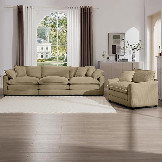 KEIKI 2-Piece Sofa Set with 1 Oversized Corduroy 3-Seater Sofa & 1 Single Sofa, Upholstered 4-Seater Couch Set with 6 Pillow, High-Density Foam Cushions, Removable Armrests, for Living Room, Tan