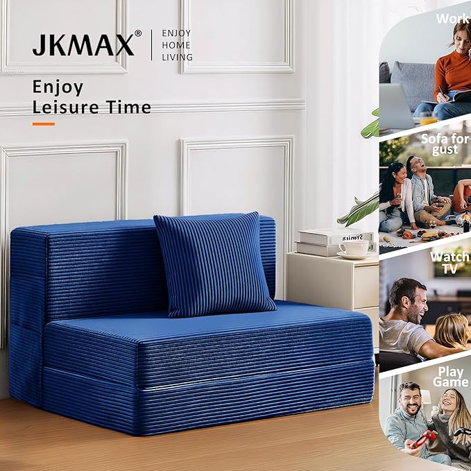 Queen Size Folding Sofa Bed - 4 in 1 Convertible Sleeper Chair with Two Pillows - High Density Memory Foam Futon Couch - Foldable Bed for Living Room Bedroom (Blue)