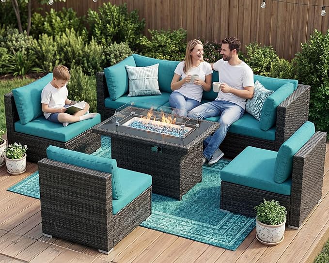 NICESOUL 7 Piece Large Modern Patio Furniture Set with Propane/Gas Firepit Table, 29.3'' High Back Comfy Wicker Sectional Sofa Couches with Fire Pit, Outdoor Deep Conversation, Fade-Proof, Turquoise