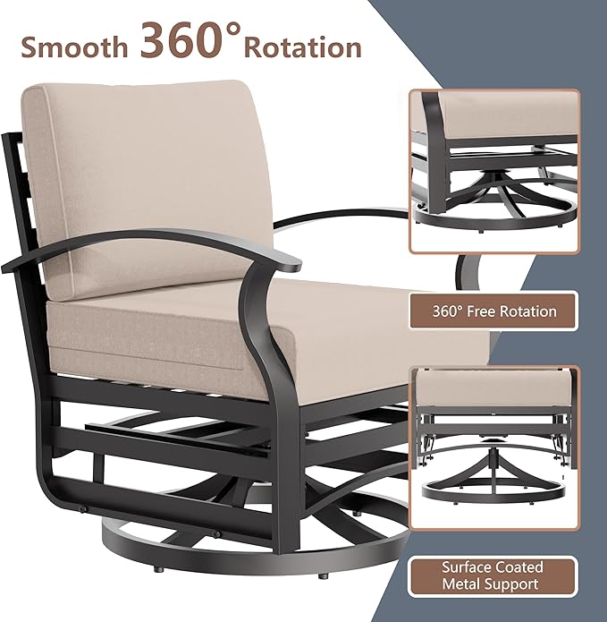 Aluminum Outdoor Patio Furniture Set,5 Pieces 7 Seats Patio Conversation Sets with 2 Swivel Rocking Chairs,Metal Patio Sectional Furniture Set with 5.1" Thickened Cushions,Sand