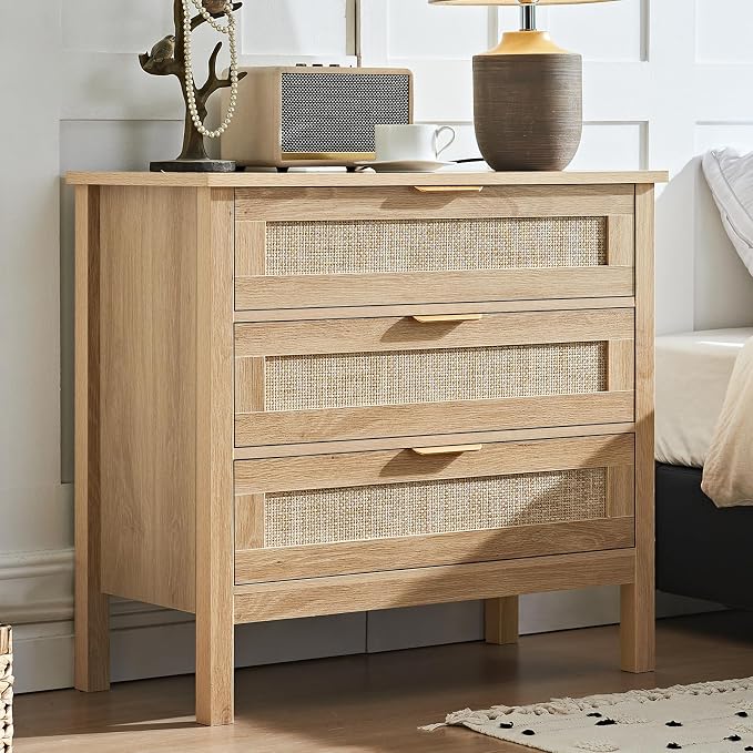 LEYAOYAO 26.8" Wide Rattan Nightstand, Large Boho 3 Drawer Night Stand, Natural Wood Bedside Table with Storage, Tall Bed Side End Tables, Chest of Drawers Dressers for Bedroom, Living Room, Hallway by LEYAOYAO-Findtheshiningpointofyourideallife%EF%BC%81