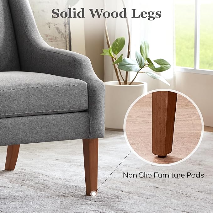 Accent Chair for Living Room,No Assembly Upholstered Mid Century Modern Comfy Tufted Armchairs with Wooden Legs,Sofa Chairs for Bedroom, Reading Waiting Room Apartment Grey