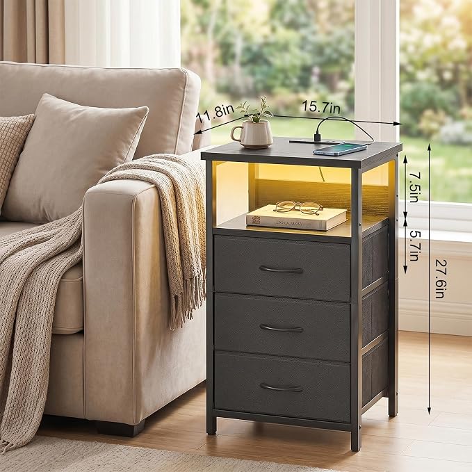 Fixwal Night Stand with 3 Fabric Storage Drawers, LED Nightstand with Charging Station, Bedside Table, Black - Image 3