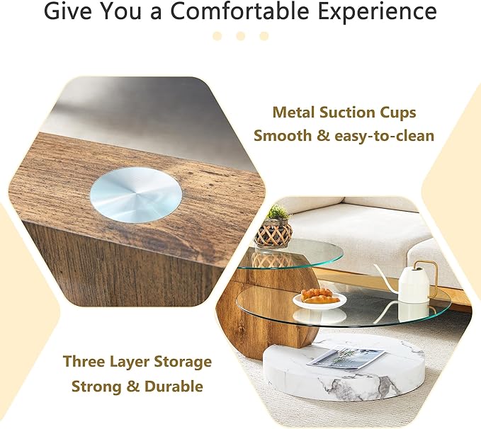 42" Glass Coffee Table, Round Coffee Table, 2-Tier Tempered Glass Tabletop with White and Wood Base, Modern Center Table for Living Room, Home, Apartment, Ideal for Small Space