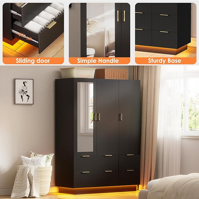 PAKASEPT Large Wardrobe Closet, Armoire Closet with Door and Mirror, LED Lights, Hanging Rod, Drawers, Armoires and Wardrobes for Bedroom (Black)