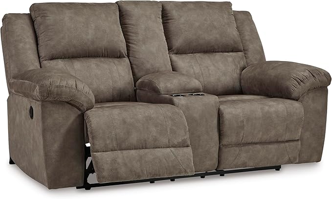 Signature Design by Ashley Laresview Contemporary Faux Leather Manual Double Reclining Loveseat with Console, Storage and Cup Holders, Gray
