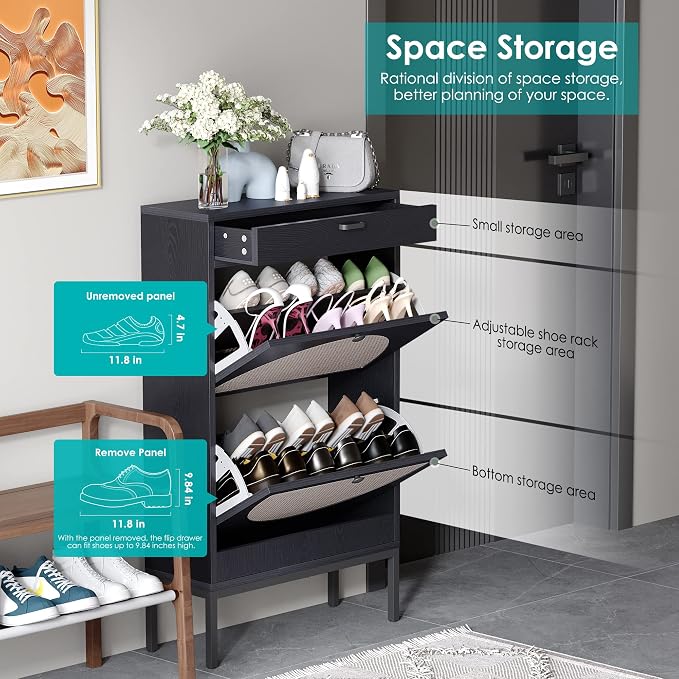 Yechen Shoe Rack Storage Organizer with 2 Natural Semi-Circular Rattan Doors, Entryway Wooden Shoe Cabinet for Sneakers, Leather Shoes,Heels (2 Piece, Black) - Image 4
