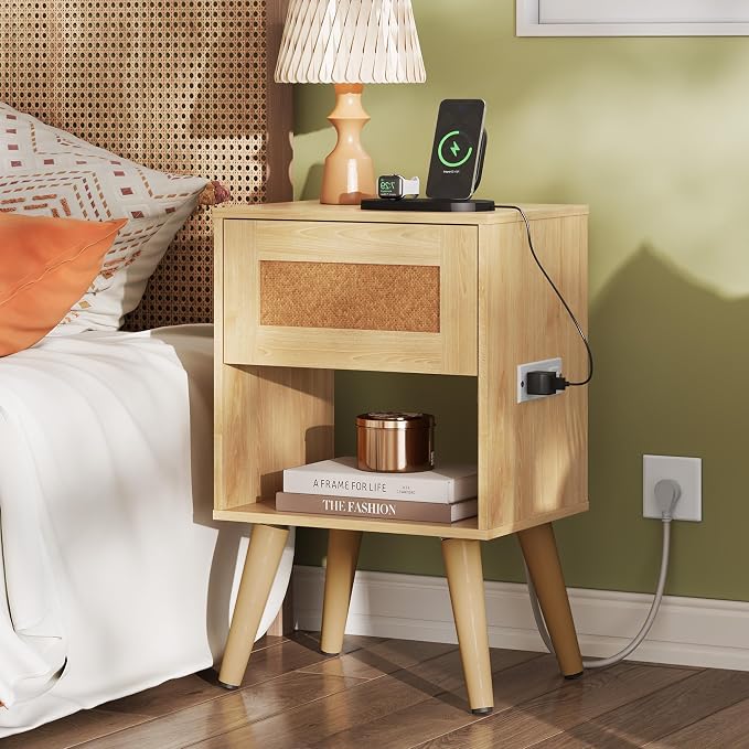 WLIVE Rattan Nightstands Set of 2 with Charging Station, Boho Nightstand, Wood Side Table, Small End Table with Drawers for Bedroom, Natural Oak - Image 7
