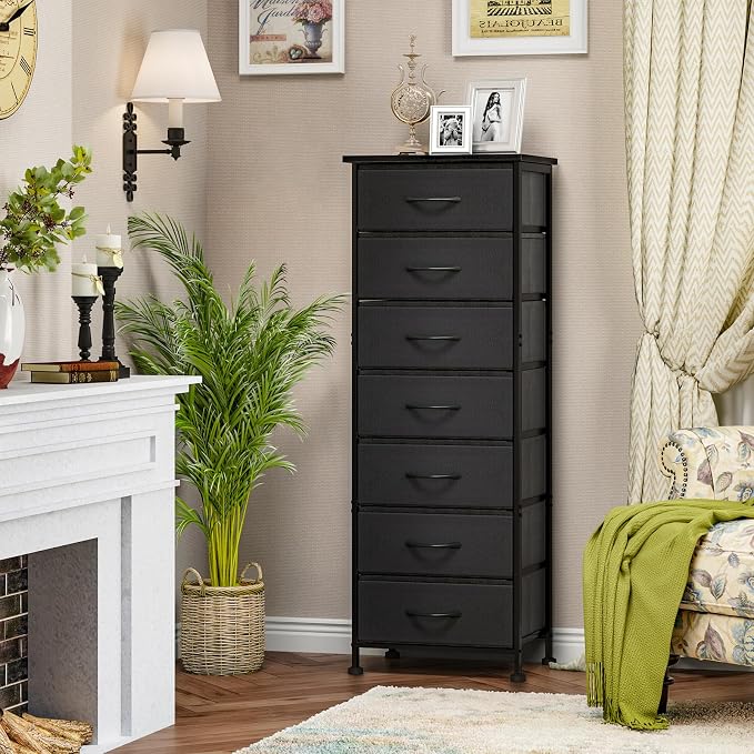 Fixwal Black Tall Skinny Dresser for Bedroom, Narrow Storage Dresser Organizer with 7 Fabric Drawers, Nightstand Furniture in Closet, Entryway, Hallway - Image 2