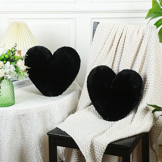 Marsui 2 Pcs Heart Throw Pillows, Soft Fluffy Faux Fur Decorative Hearts Shaped Pillows for Living Room Sofa Bed, Cute Heart Themed Gift for Women(Black,11.81 x 11.02 Inch)