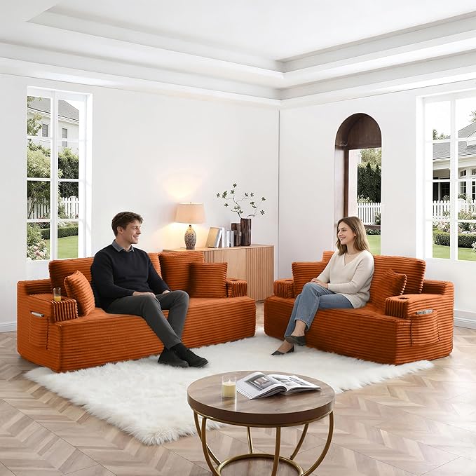 Eafurn Floor Loveseat Boneless Sofa Couch in a Box with Cup Holder and Side Pockets, 3 Seater Comfy Corduroy Upholstered Foam Couch with Deep Seating for Living Room,No Assembly | Breathable material, Cupholders