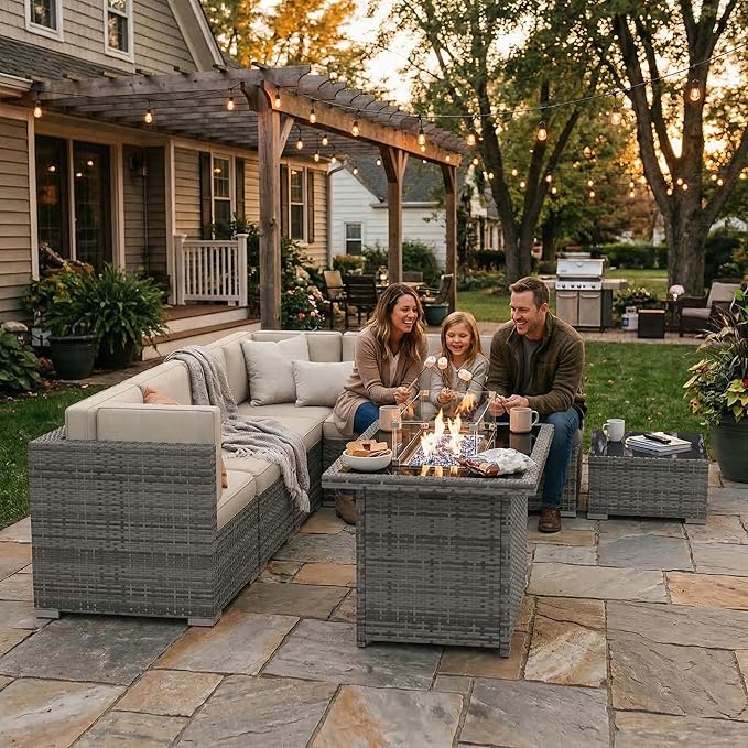 15 Pieces Patio Furniture Set with 44" Propane Gas Fire Pit Table, Outdoor Sectional Wicker Conversation Sofa Sets with Coffee Table