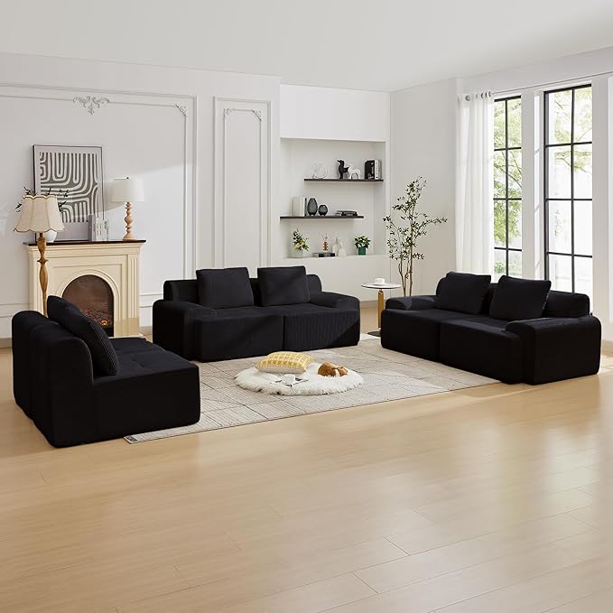 Modular Sectional Sofa with Movable Ottoman, 6 Seat Deep Seat Couch with 6 Pillows, Comfy Cloud Sectional Sofa for Living Room, Bedroom and Apartment (Black, 2 Left+2 Right+2 Middle)
