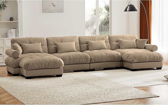 KEIKI 166" U-Shaped Oversized Velvet Modular Sectional Sofa with 2 Ottoman, High-Density Foam Cushions and Bolstered Armrests, Upholstered 4-Seater Cloud Couch with 6 Pillow, for Living Room, Camel