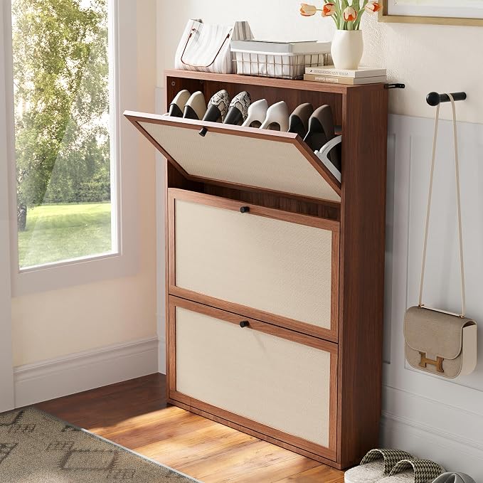 AVZEAR Narrow Shoe Storage Cabinet for Entryway with Natural Linen Panel, Freestanding Slim Shoe Cabinet with 3 Flip Drawers, Wood Shoe Organizer Closed Shoe Rack for Hallway, Living Room(Walnut) - Image 6