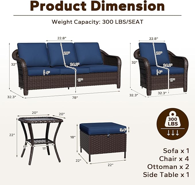 8 Piece Patio Wicker Conversation Set, All-Weather Use Outdoor Wicker Sofa with 2 PE Rattan Ottomans,4 Chair, 1 Side Table, Ideal for Porch, Backyard, Balcony, Poolside, Blue