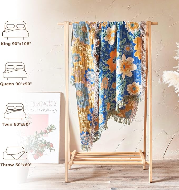 LUTBM Boho Throw Blanket for Bed Cotton Spring Blankets for Bedroom Living Room Twin All Season Lightweight Floral Embroidery Quilt for Couch Sofa Chair 60"x80"