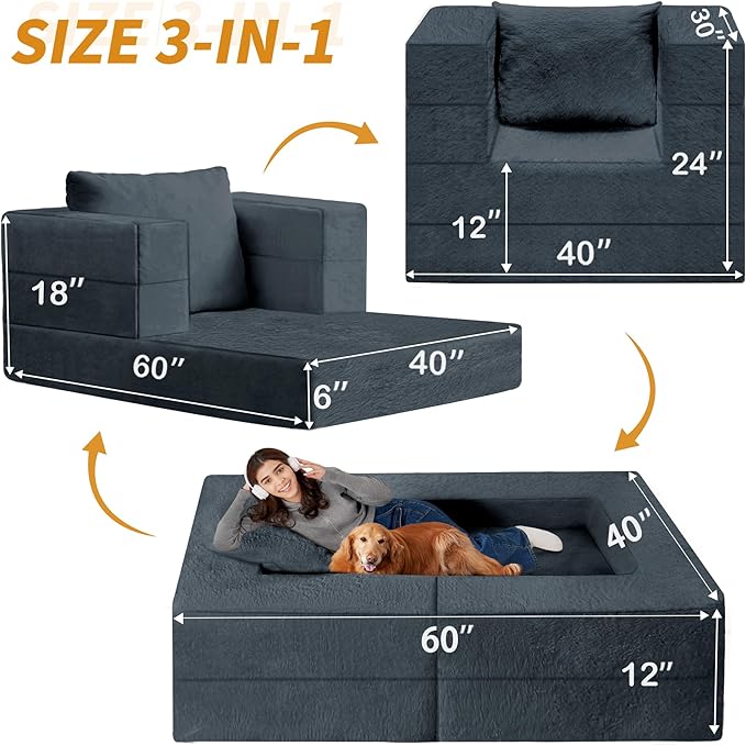 Futon Sofa Bed with Pillow, 3-in-1 Sleeper Sofa Bed with Removable Cover, Convertible Floor Sofa Bed, No Assembly Boneless Couch for Living Room, Bedroom
