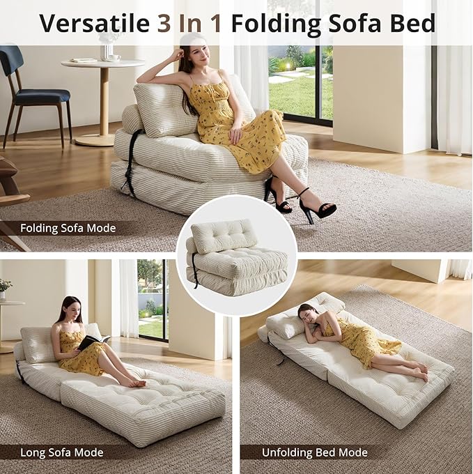 Folding Sofa Bed, Convertible Sleeper Chair with Pillow, Foldable Mattress with Back Support, Portable Floor Sofa Lounge for Living Room Bedroom Dorm