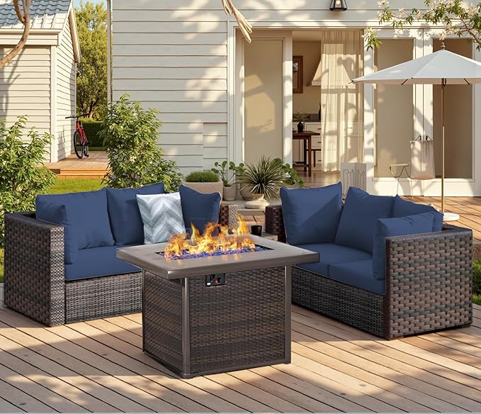 5 Piece Patio Furniture Set with Fire Pit Table, All Weather PE Rattan Outdoor Sectional Sofa Couch with 4 x arm Sofa, No-Slip Cushions for Garden, Poolside, Backyard (Blue)