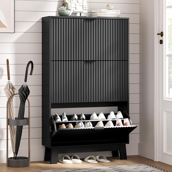 Shoe Cabinet Storage for Entryway with 3 Flip Drawers, Fluted Narrow Shoe Organizer with Wooden Legs, Freestanding Slim Shoe Storage Hidden Shoe Rack Organizer for Front Door Entrance, Hallway, Black by HUANLEGO