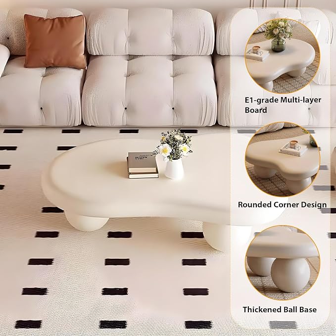 Modern Wooden Coffee Table Cloud Coffee Table Central Living Room Low Table Irregular Indoor End Table White Coffee Tables with 3 Oval Ball Legs for Living Room Bedroom (White Oval Leg A 47.2 inch)