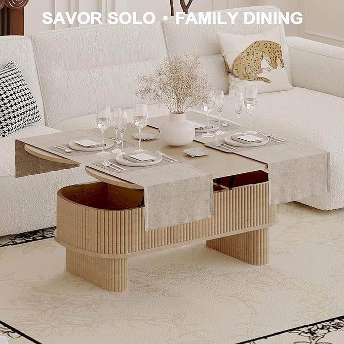Lift Top Coffee Table with Large Storage,Lifting Converts to Dining Table,Oval Pop Up Coffee Table Fluted Wood Center Table for Living Room,Fully Assembled Space-Saving for Eating&Laptops