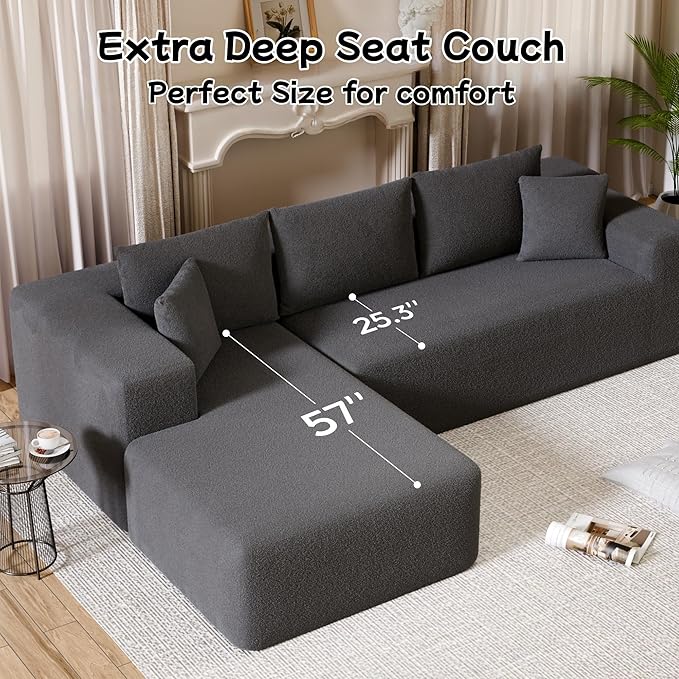 104” Sectional Cloud Couch, L-Shape Compressed Sofa with Right Chaise Lounge, Modular Cloud Couch with 2 Pillows & Deep Seat, Rain Drop Velvet Floor Sofa for Living Room, Dark Gray