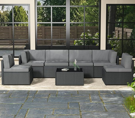 AECOJOY 7 Piece Outdoor Patio Furniture Set, Outdoor Sectional Conversation Furniture Chair with Coffee Table,Patio Sectional for Garden,Backyard(Grey Cushions and Black PE Rattan)