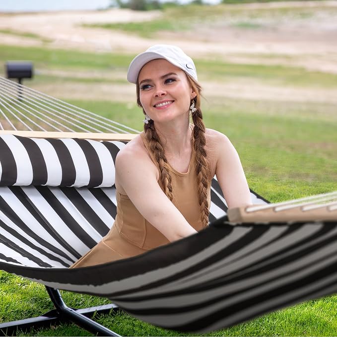 SUNCREAT Two Person Hammock with 12ft Stand Included, Max 475lbs Capacity, Heavy Duty Free Standing Hammock, Black Stripes - Image 2