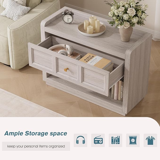 Fynar 31" Nightstands with Drawer Storage, Oversized King Size Night Stand Bedside Table, Farmhouse End Table with Round Corners for Bedroom Sofa Couch Home Office, Grey White Oak - Image 4