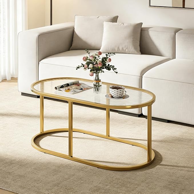 Coffee Table Gold Glass Coffee Table for Living Room, Oval Table Center Table with Ribbed Glass Top and Sturdy Metal Frame,Modern Glass Accent Tables for Bedroom Home Office