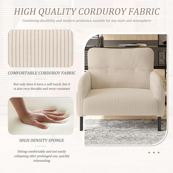 KEIKI 26" Corduroy Single Sofa Chair with Double Side Pockets & High Resilience Cushion, Modern Ergonomic Design Upholstery Oversized 1-Seater Accent Chair, Easy Assembly, for Living Room, Beige