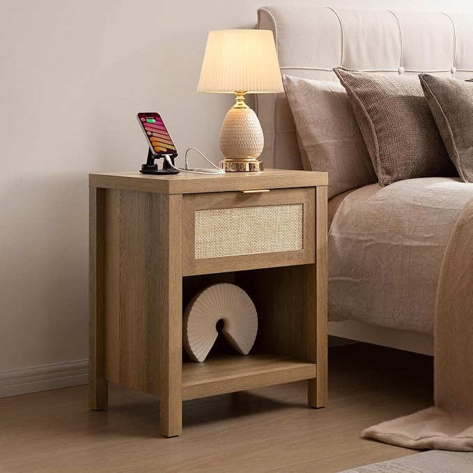 SICOTAS Rattan Night Stand with Charging Station - Farmhouse Nightstand with Type-C and USB Ports, Boho Accent Bed Side Table with Drawer and Open Shelf for Bedroom Small Space, Oak - Image 2