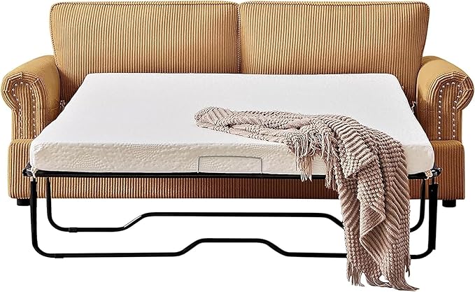 Reversible Sleeper Sofa Bed with Comfortable Memory Foam Mattress, Convertible Corduroy Full Size Pull Out Couch for Living Room, Space Saving Furniture, 76" Wide, Rounded Arms, Ginger