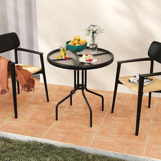 Tangkula 27.5 Inch Round Outdoor Dining Table with Tempered Glass Top, Outside Bistro Table with Umbrella Hole & Metal Frame, Patio Dining Table for Backyard, Lawn, Deck & Poolside - Image 5