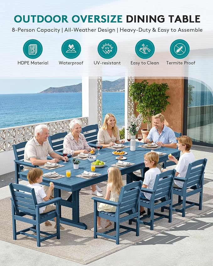 SERWALL Outdoor Dining Chairs Set of 4, All-Weather HDPE Patio Chair with 19.7" Widened Seat, for Backyard, Garden, Blue - Image 6