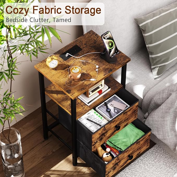 LOAKEKEL Night Stand with Charging Station, Small Bedside Table with 2 Fabric Drawers, Nightstand with USB Ports & Outlets for Bedroom, Brown, HETS020BR-1 - Image 5